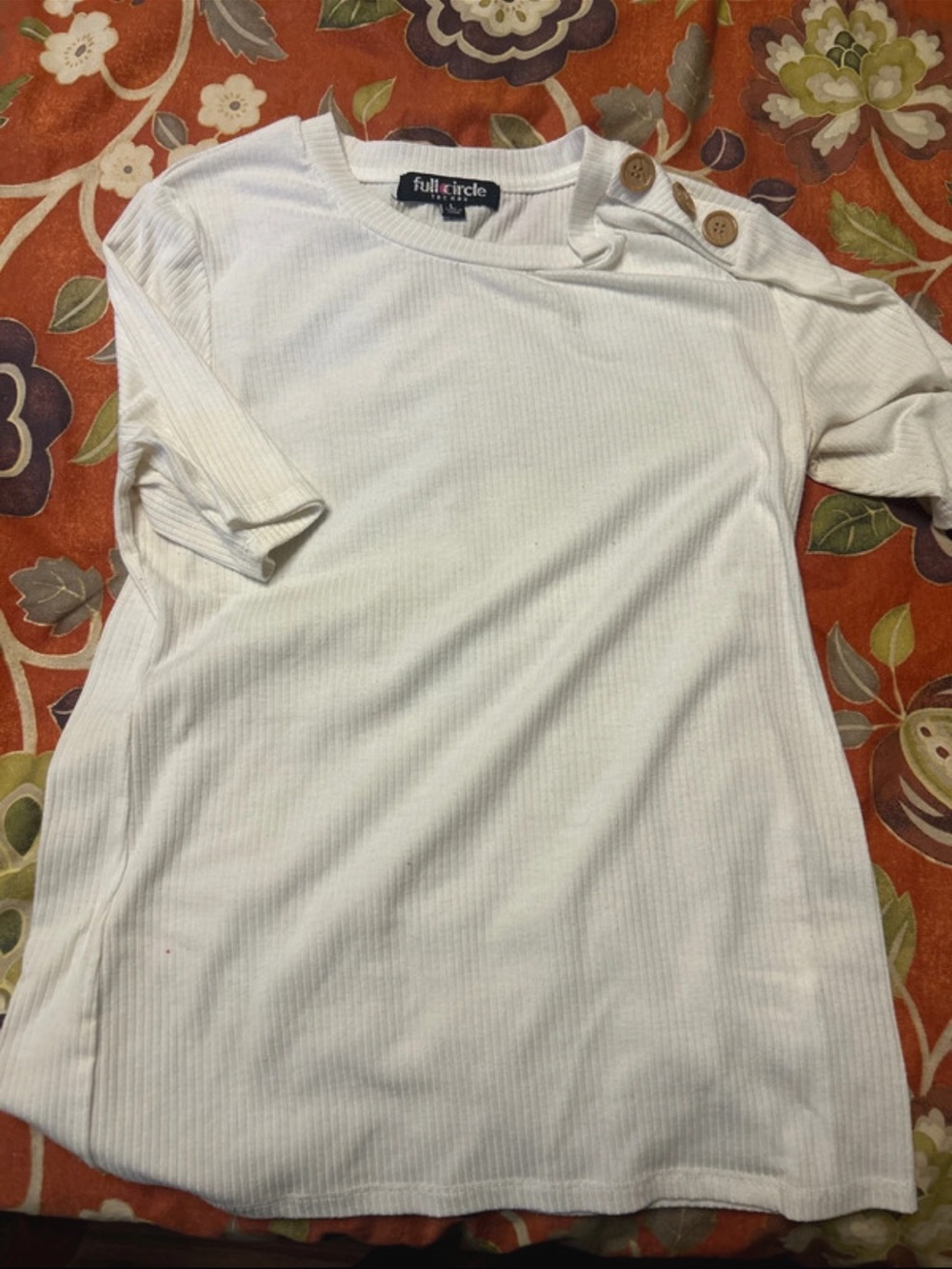 Full Circle White Ribbed Short Sleeve Top with Shoulder Buttons